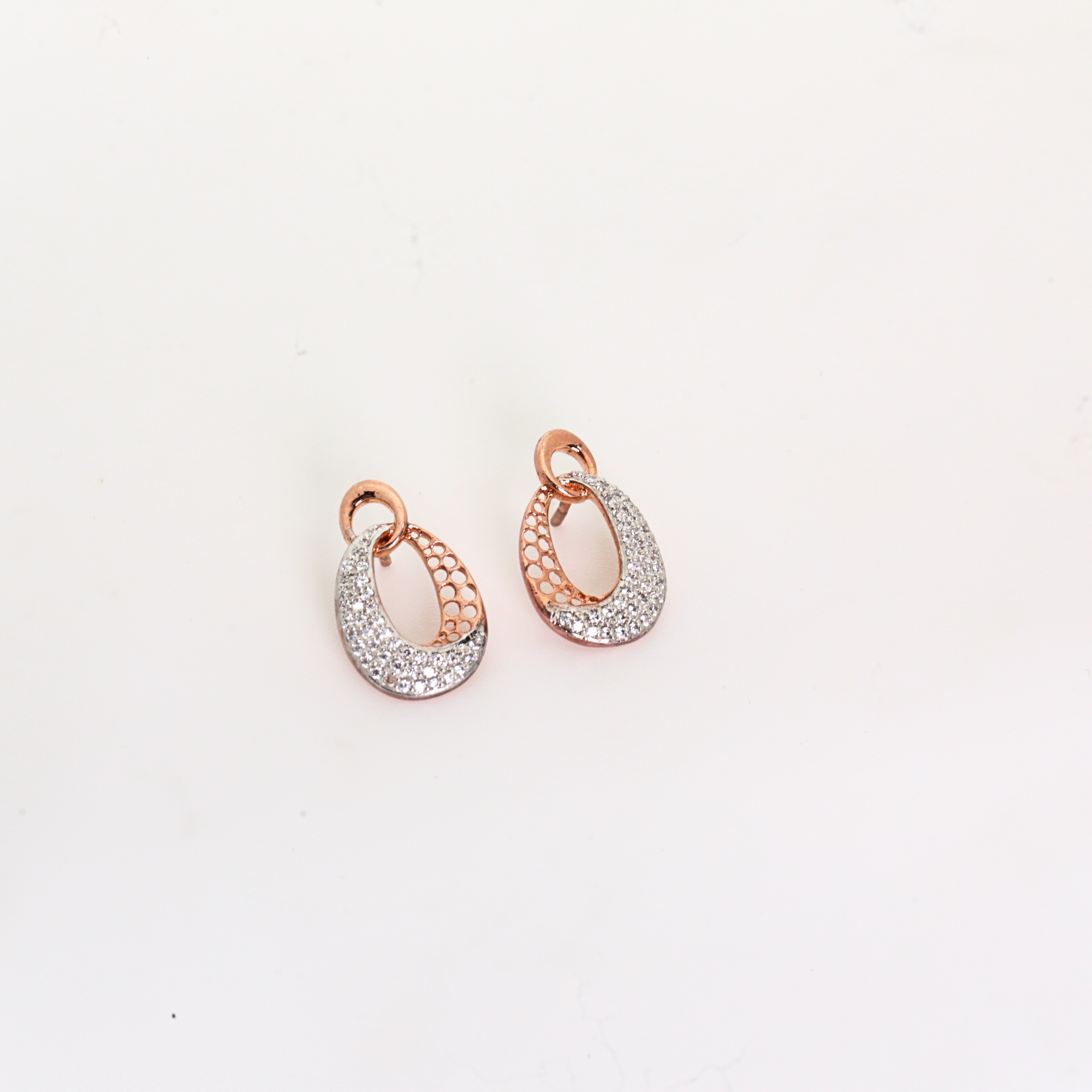 Oval Drop Shape Gold Stud Earrings With Round Diamonds