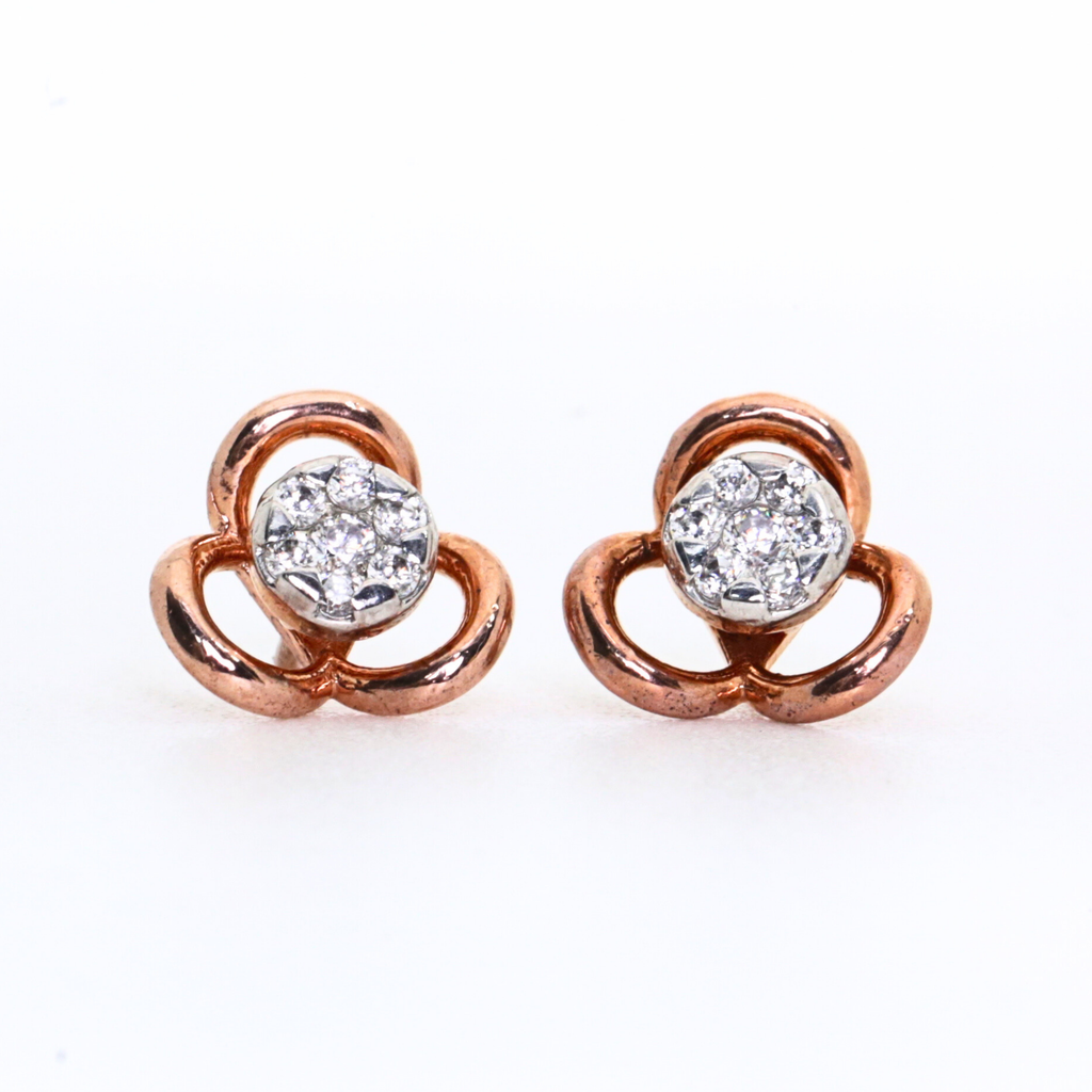 Three Petal Flower Shape Gold Stud Earrings With Round Stone