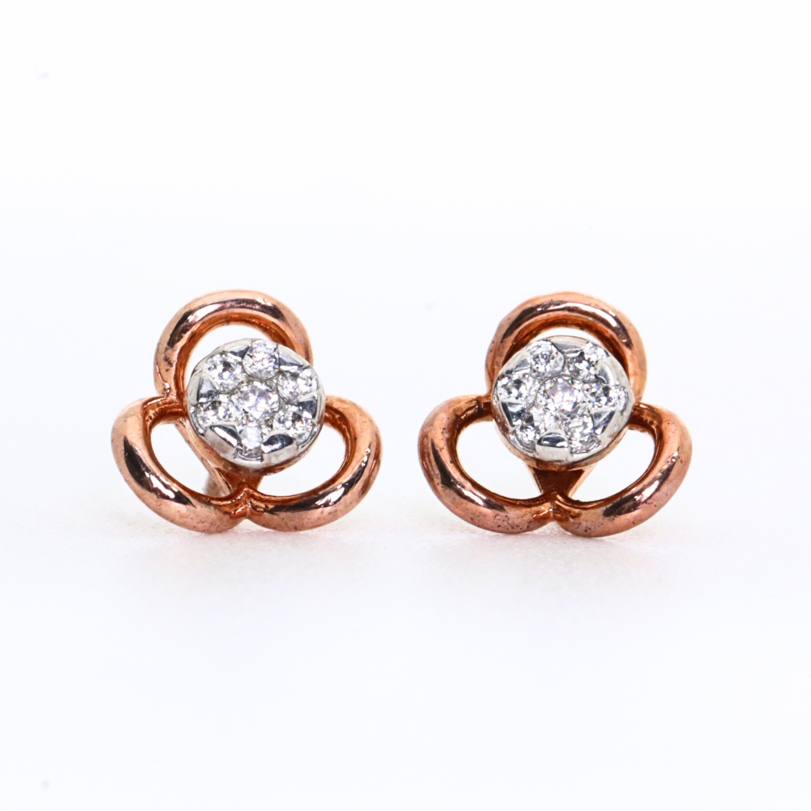 Three Petal Flower Shape Gold Stud Earrings With Round Stone