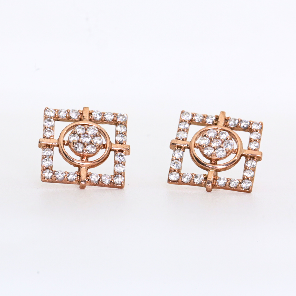 Square Outline Gold Stud Earrings With Circular Diamond Centre