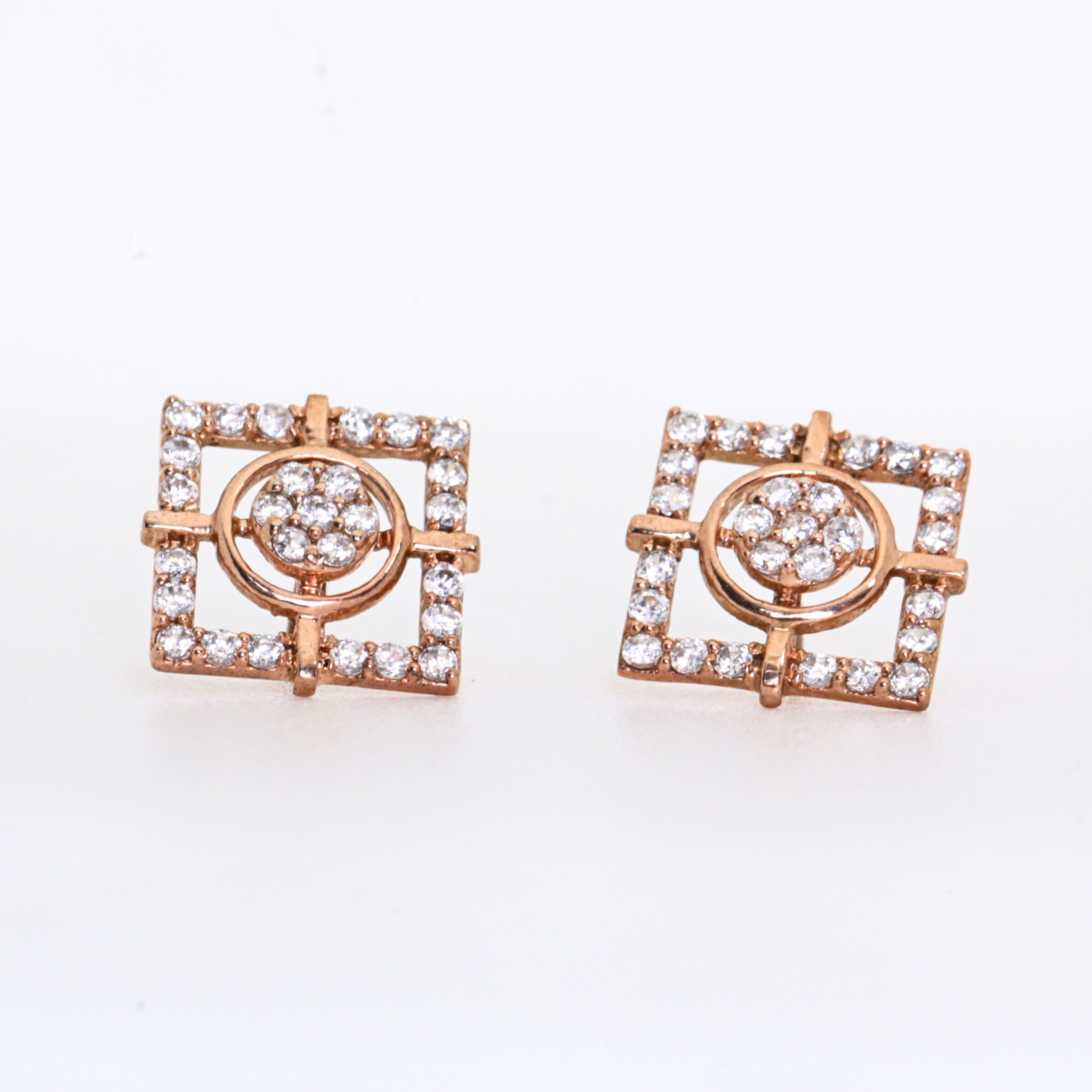 Square Outline Gold Stud Earrings With Circular Diamond Centre