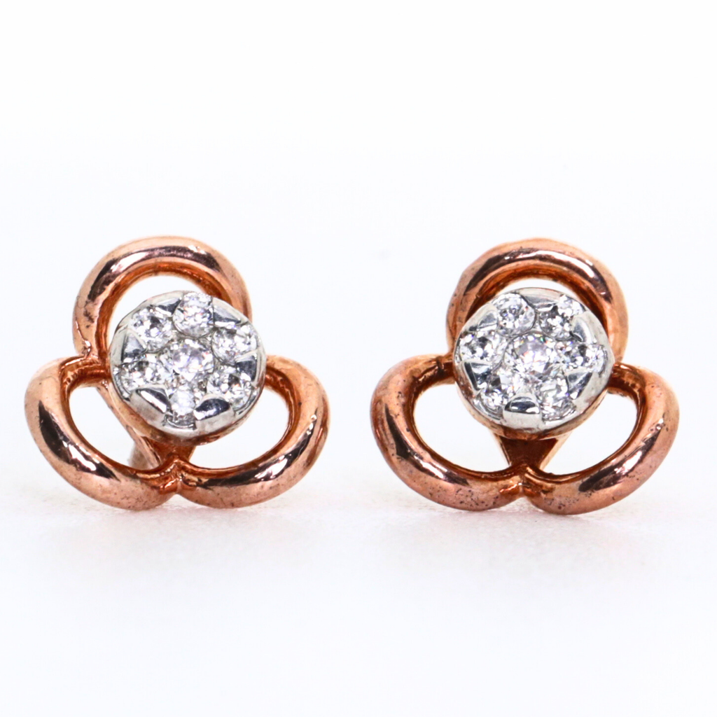 Three Petal Flower Shape Gold Stud Earrings With Round Stone
