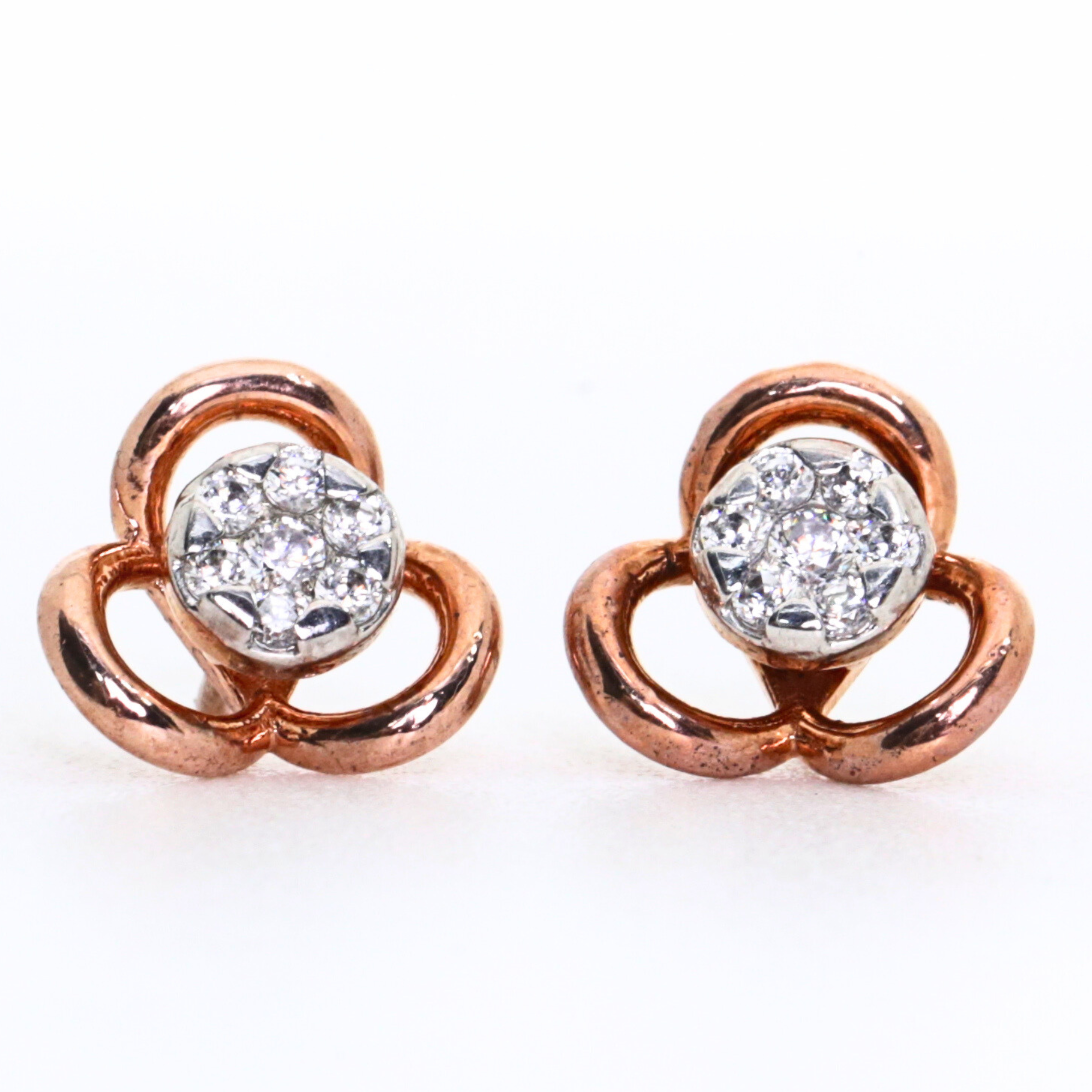 Three Petal Flower Shape Gold Stud Earrings With Round Stone