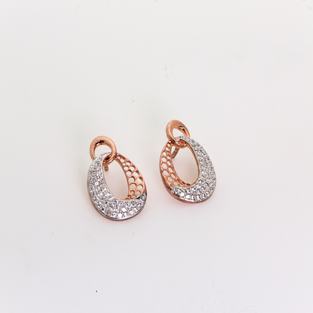 Oval Drop Shape Gold Stud Earrings With Round Diamonds
