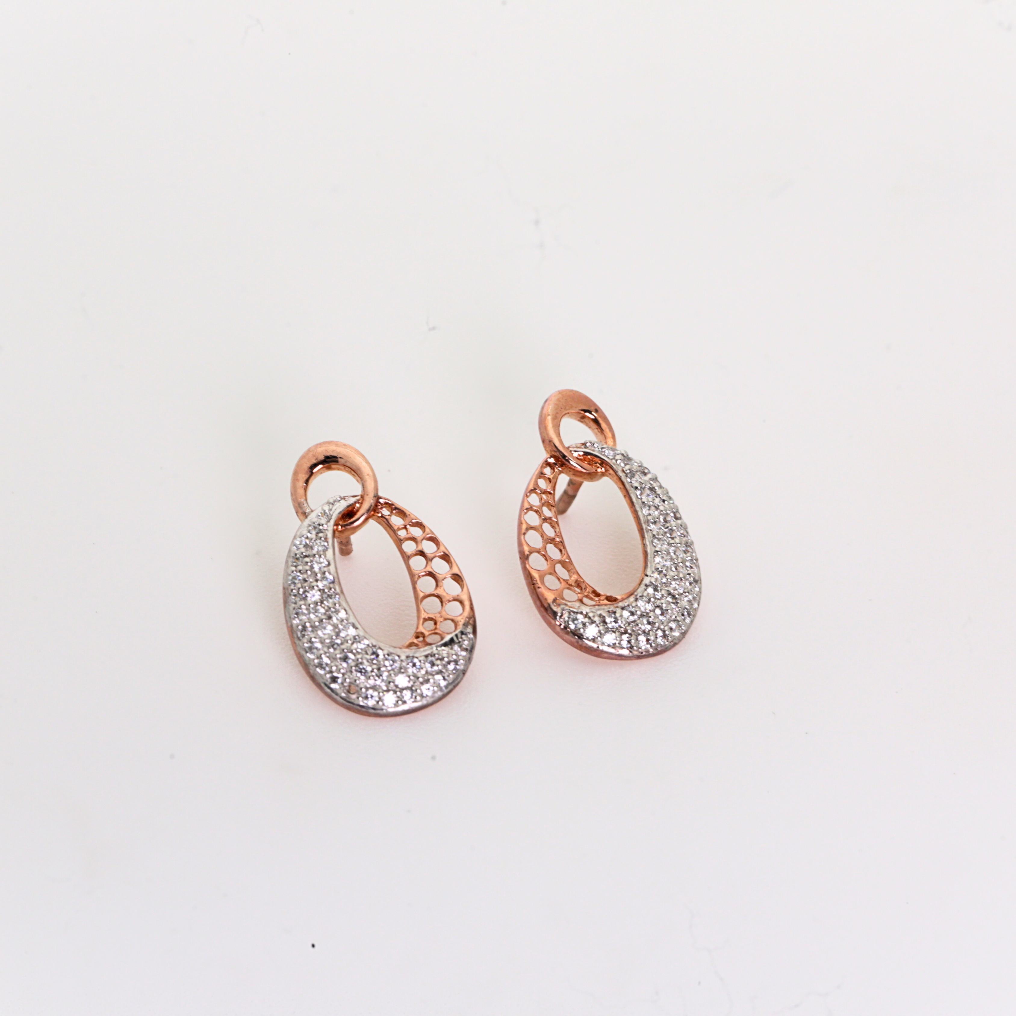 Oval Drop Shape Gold Stud Earrings With Round Diamonds