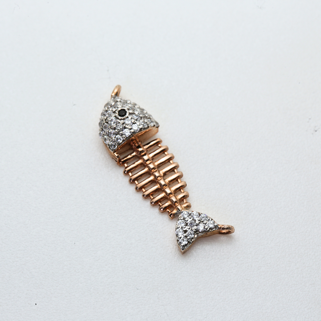 Fish Bone Shape Gold Pendant with Stone Studded Detailing