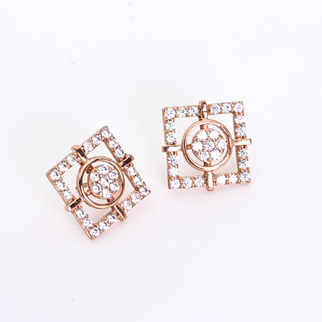 Square Outline Gold Stud Earrings With Circular Diamond Centre