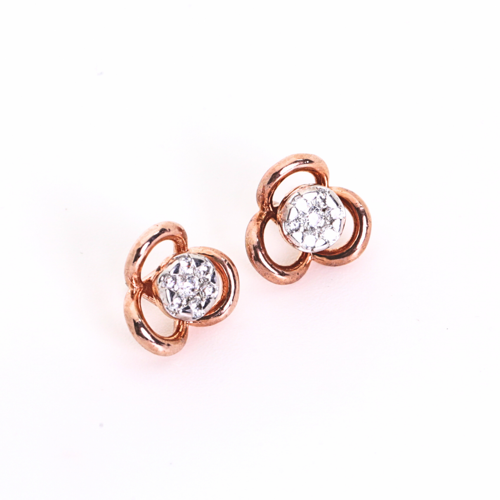 Three Petal Flower Shape Gold Stud Earrings With Round Stone