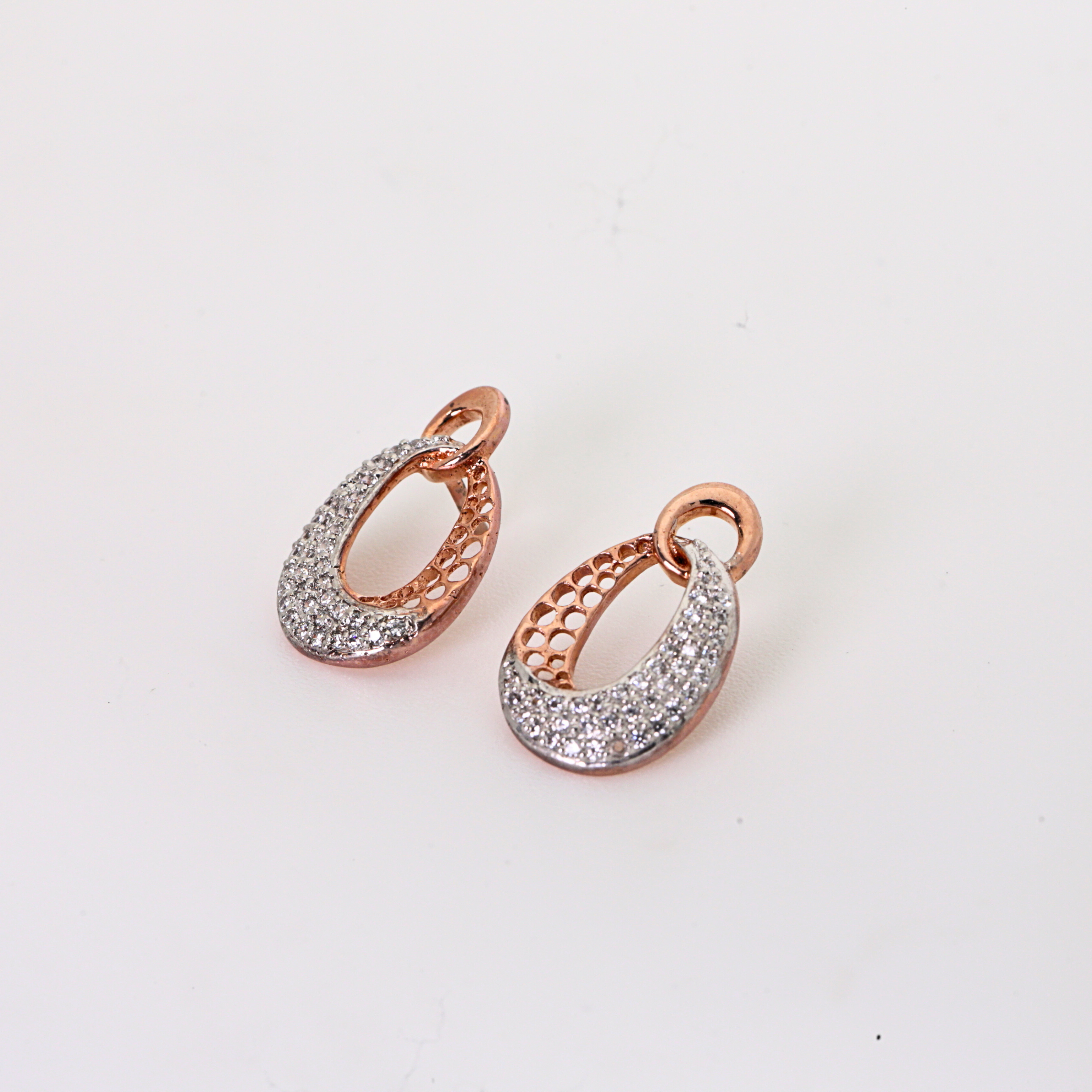 Oval Drop Shape Gold Stud Earrings With Round Diamonds