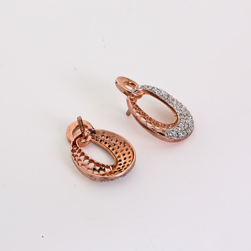 Oval Drop Shape Gold Stud Earrings With Round Diamonds