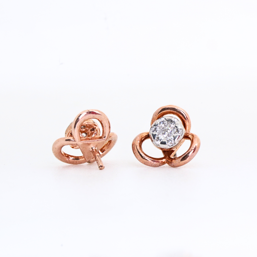 Three Petal Flower Shape Gold Stud Earrings With Round Stone