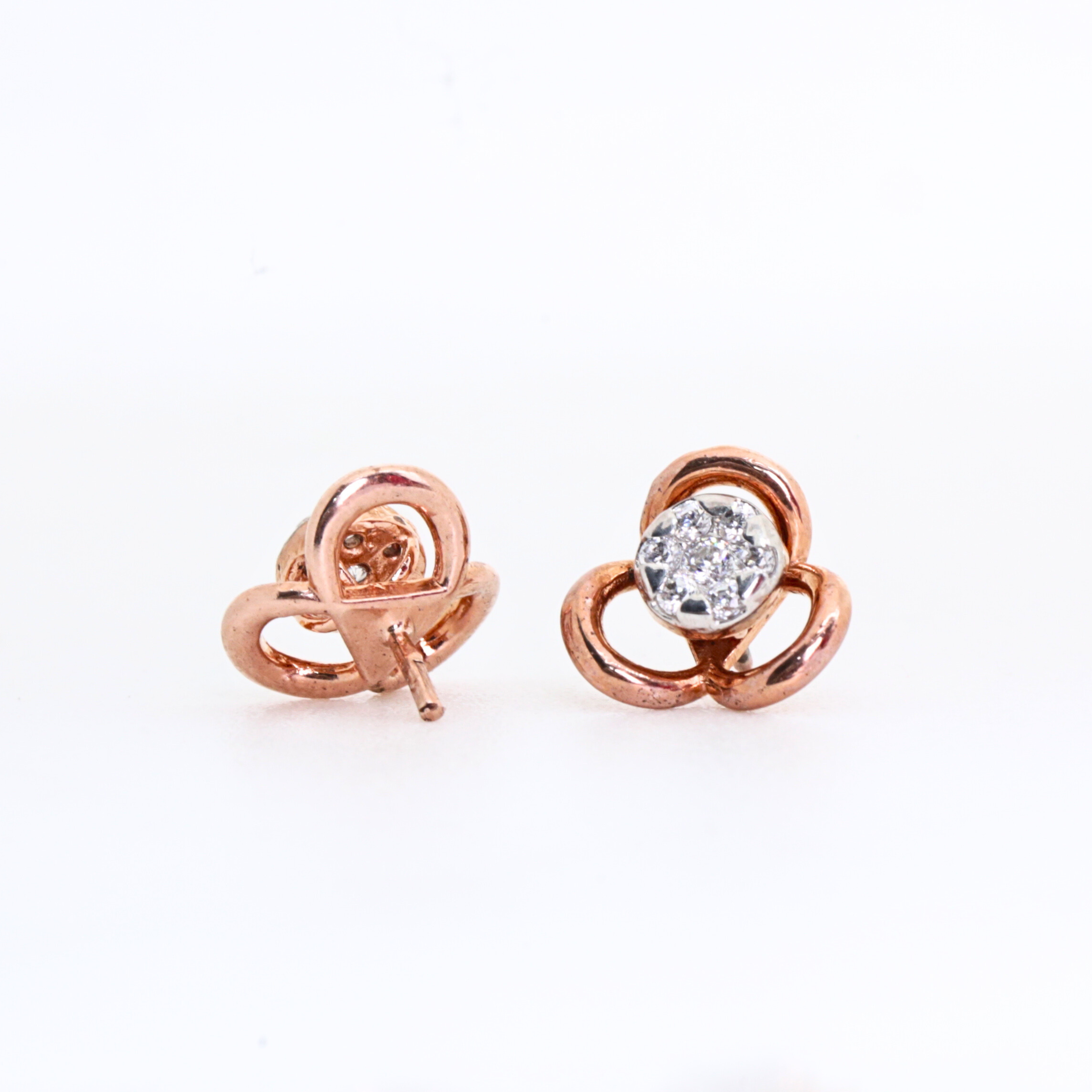 Three Petal Flower Shape Gold Stud Earrings With Round Stone