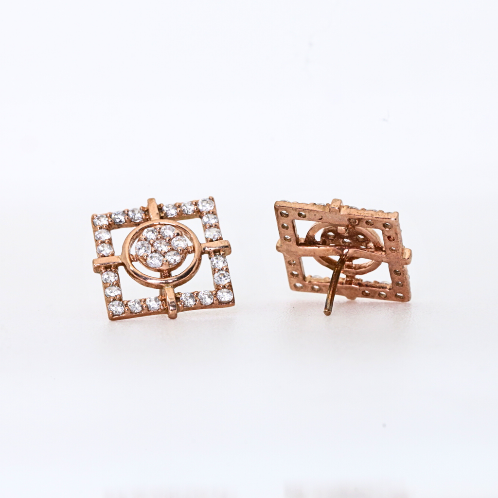 Square Outline Gold Stud Earrings With Circular Diamond Centre