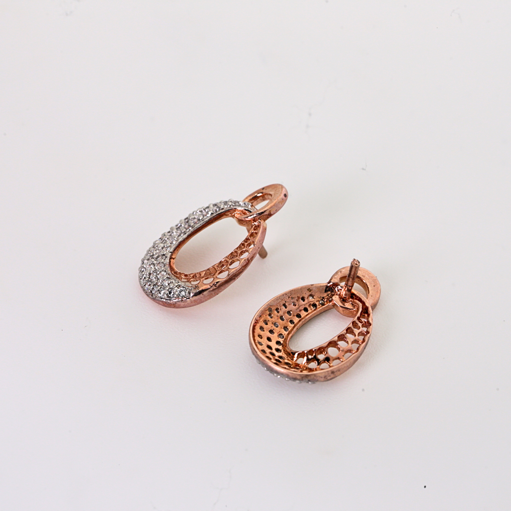 Oval Drop Shape Gold Stud Earrings With Round Diamonds