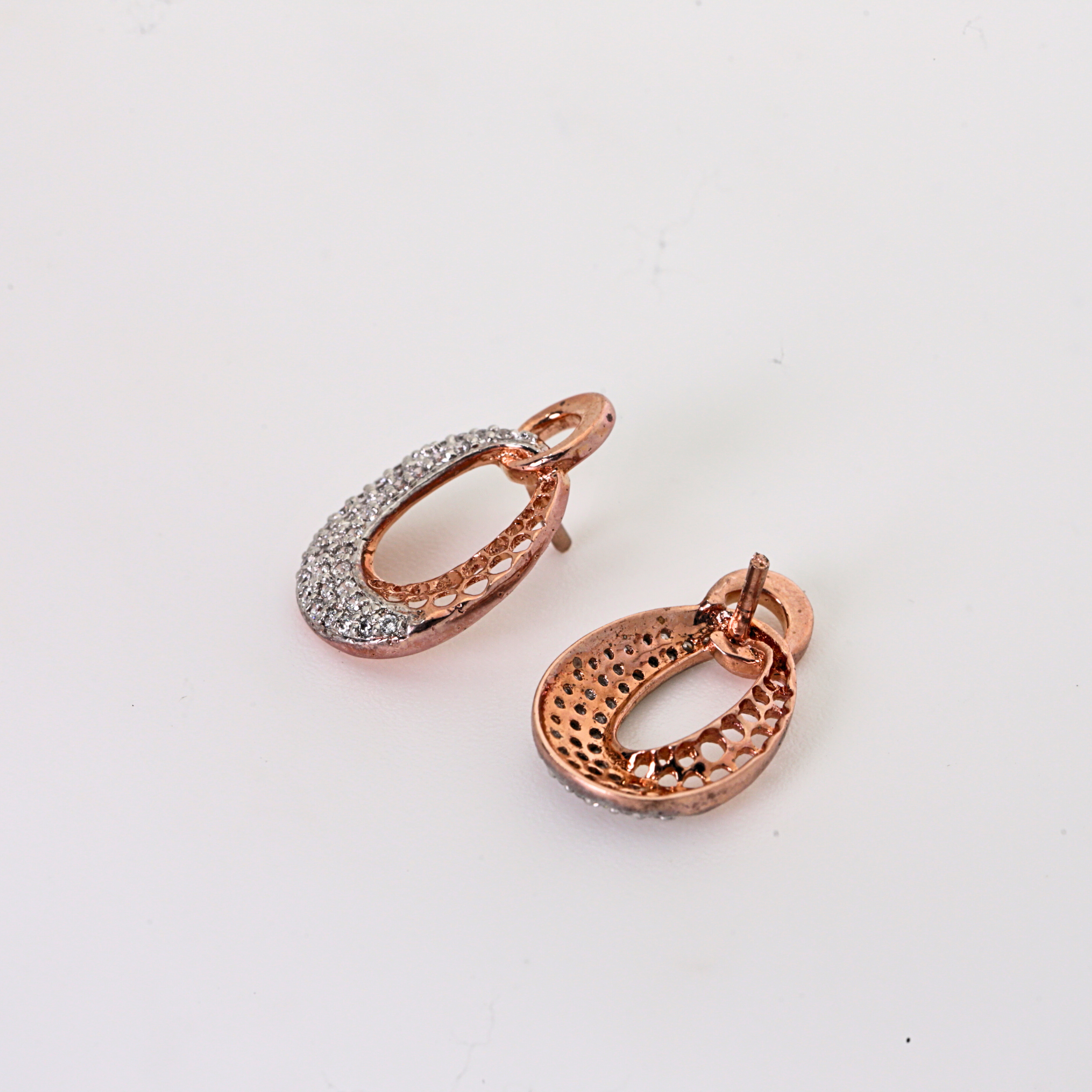 Oval Drop Shape Gold Stud Earrings With Round Diamonds