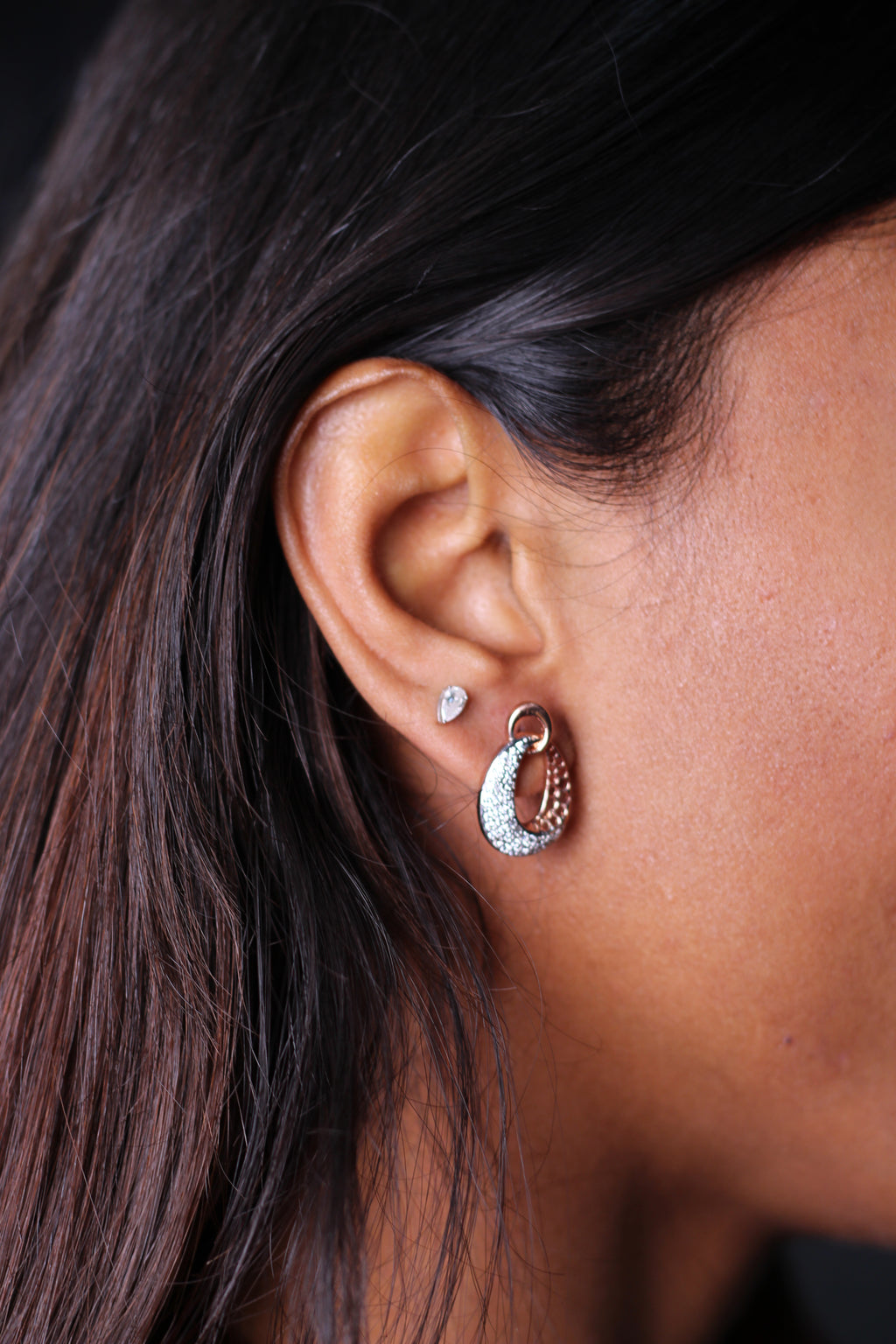 Oval Drop Shape Gold Stud Earrings With Round Diamonds