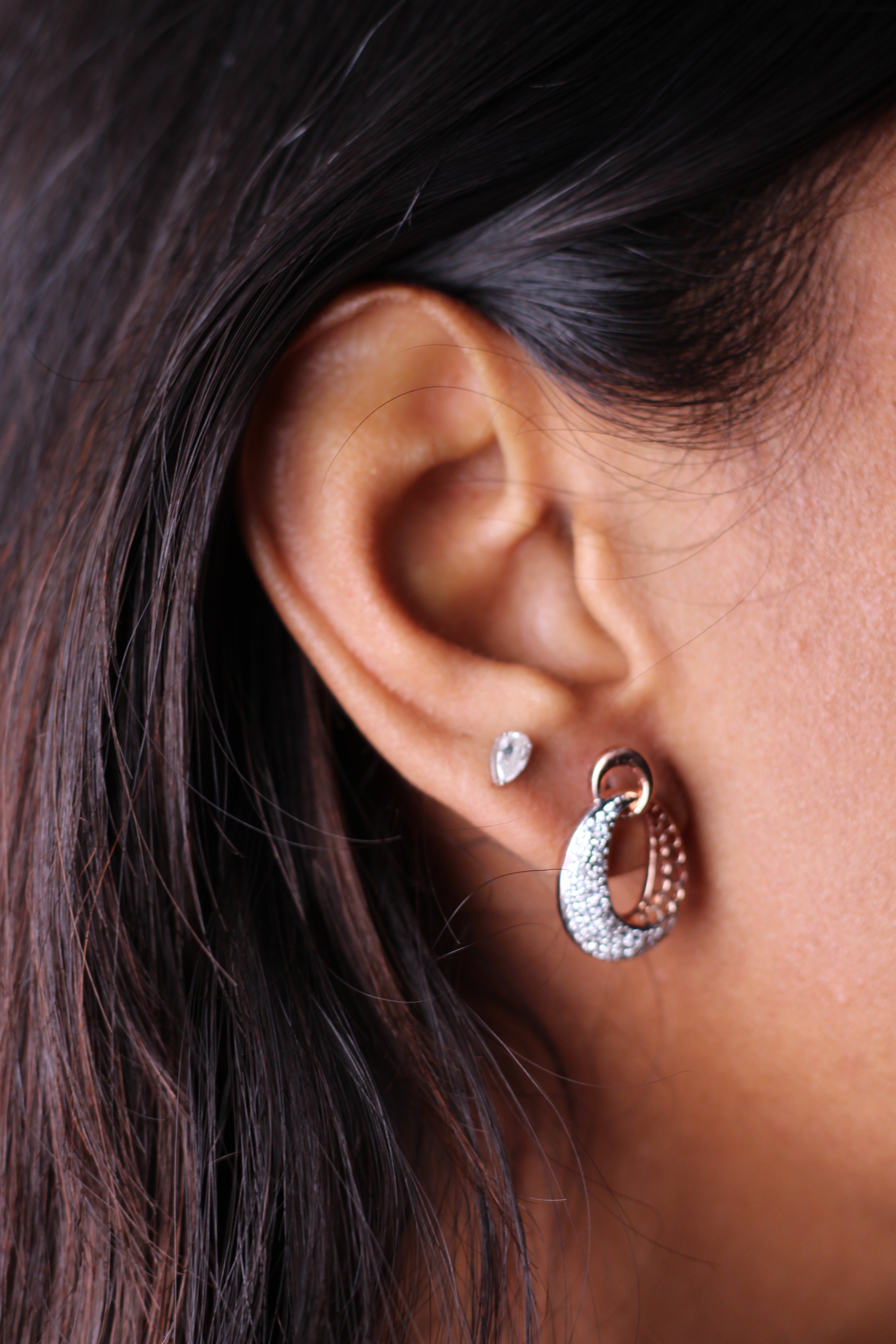 Oval Drop Shape Gold Stud Earrings With Round Diamonds