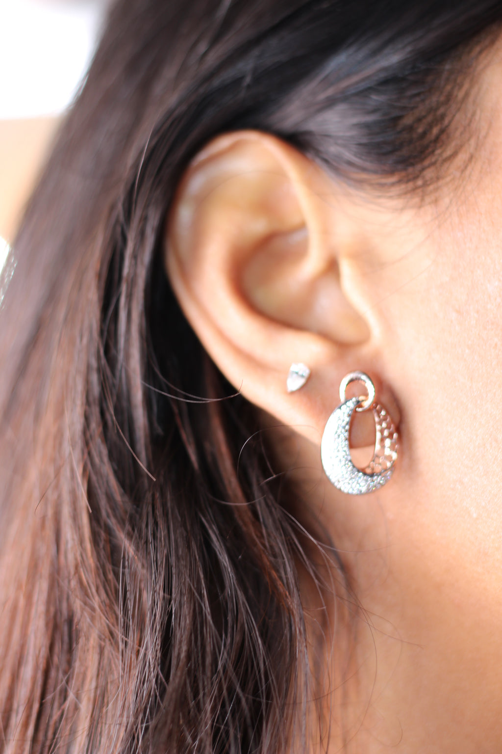 Oval Drop Shape Gold Stud Earrings With Round Diamonds