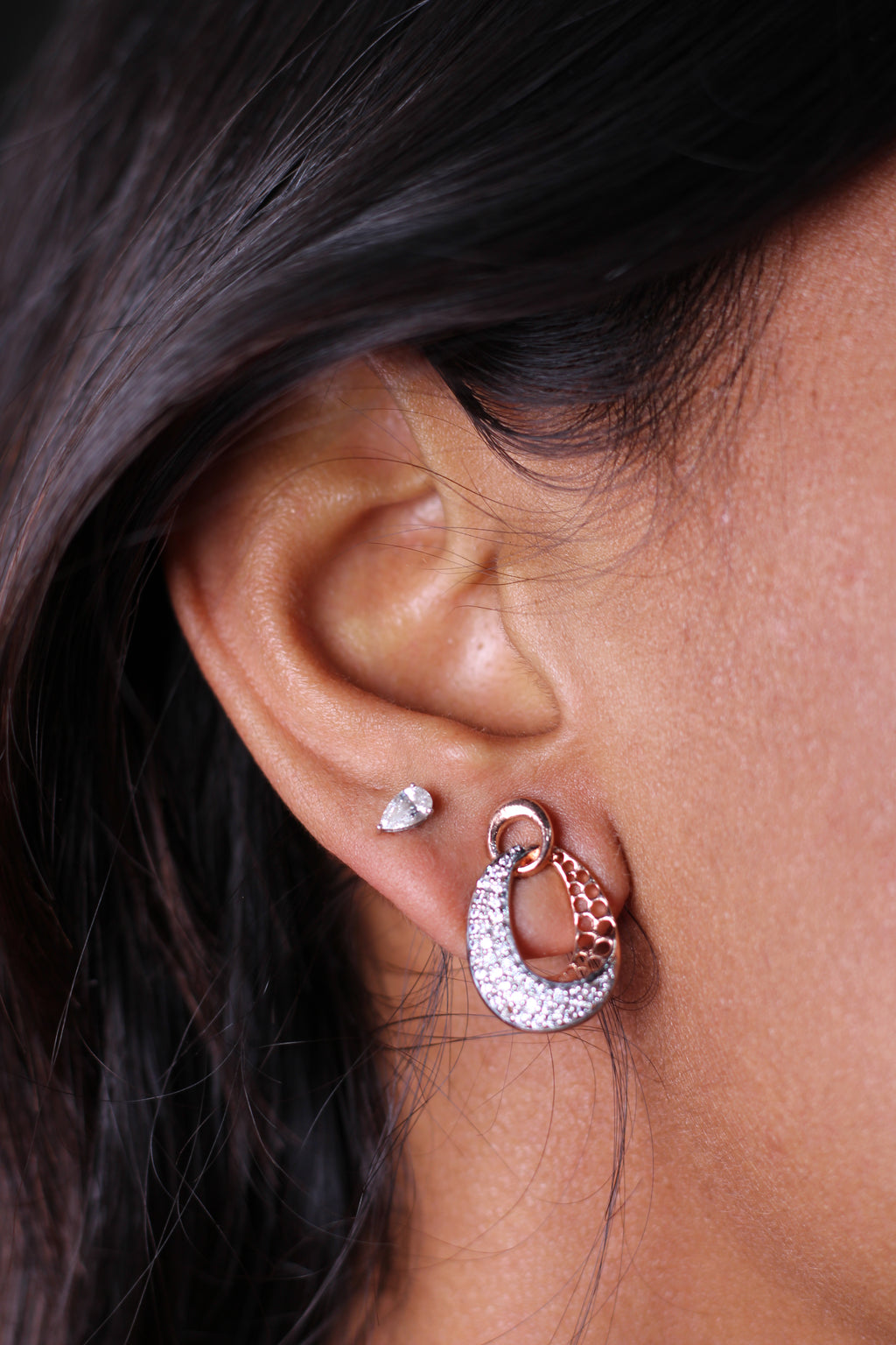 Oval Drop Shape Gold Stud Earrings With Round Diamonds