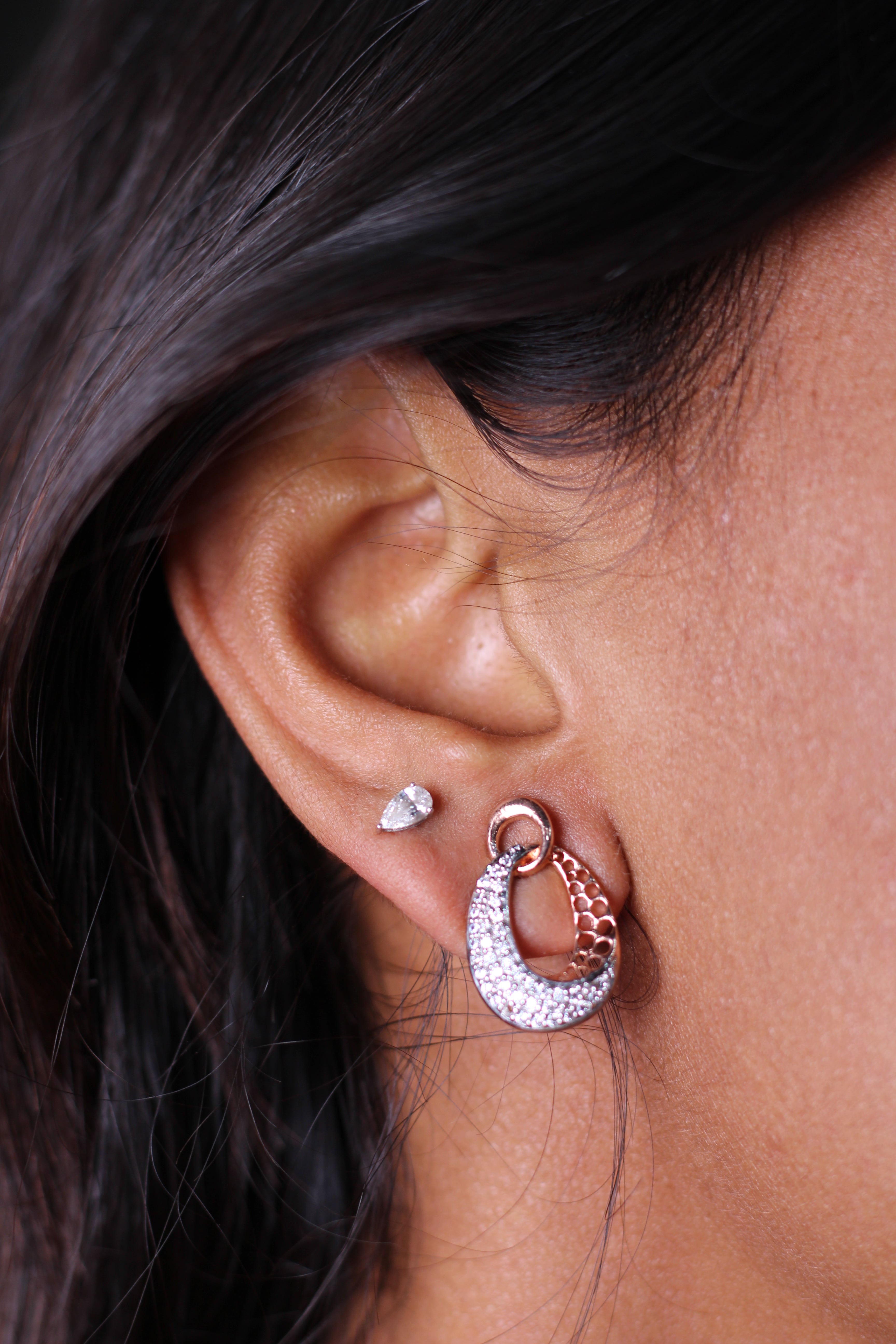 Oval Drop Shape Gold Stud Earrings With Round Diamonds