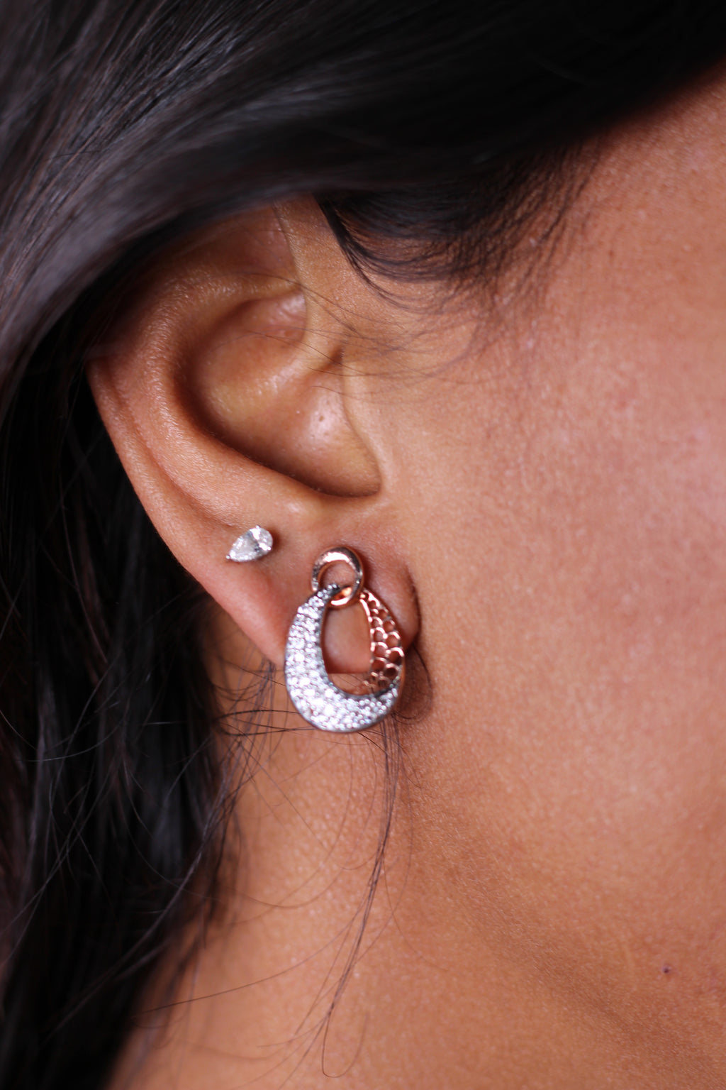 Oval Drop Shape Gold Stud Earrings With Round Diamonds