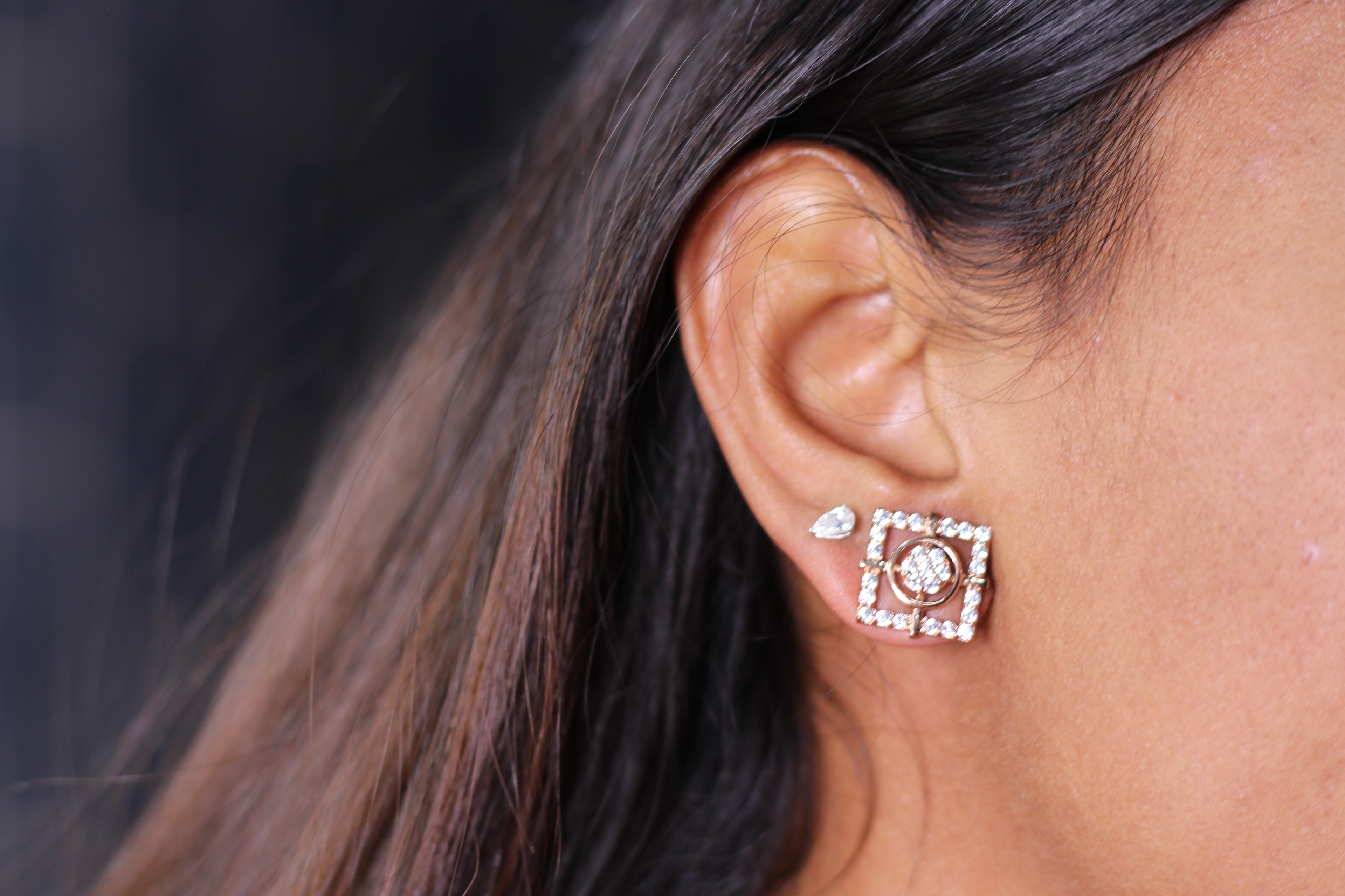 Square Outline Gold Stud Earrings With Circular Diamond Centre
