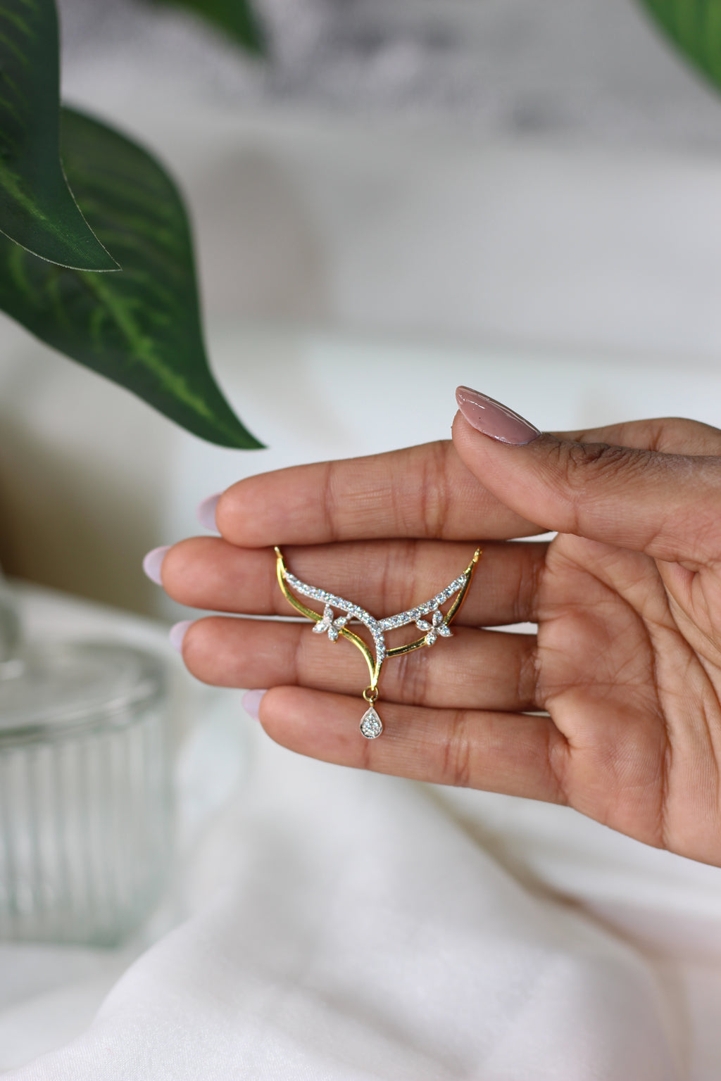 Diamond Floral Gold Mangalsutra Pendant with Drop Design