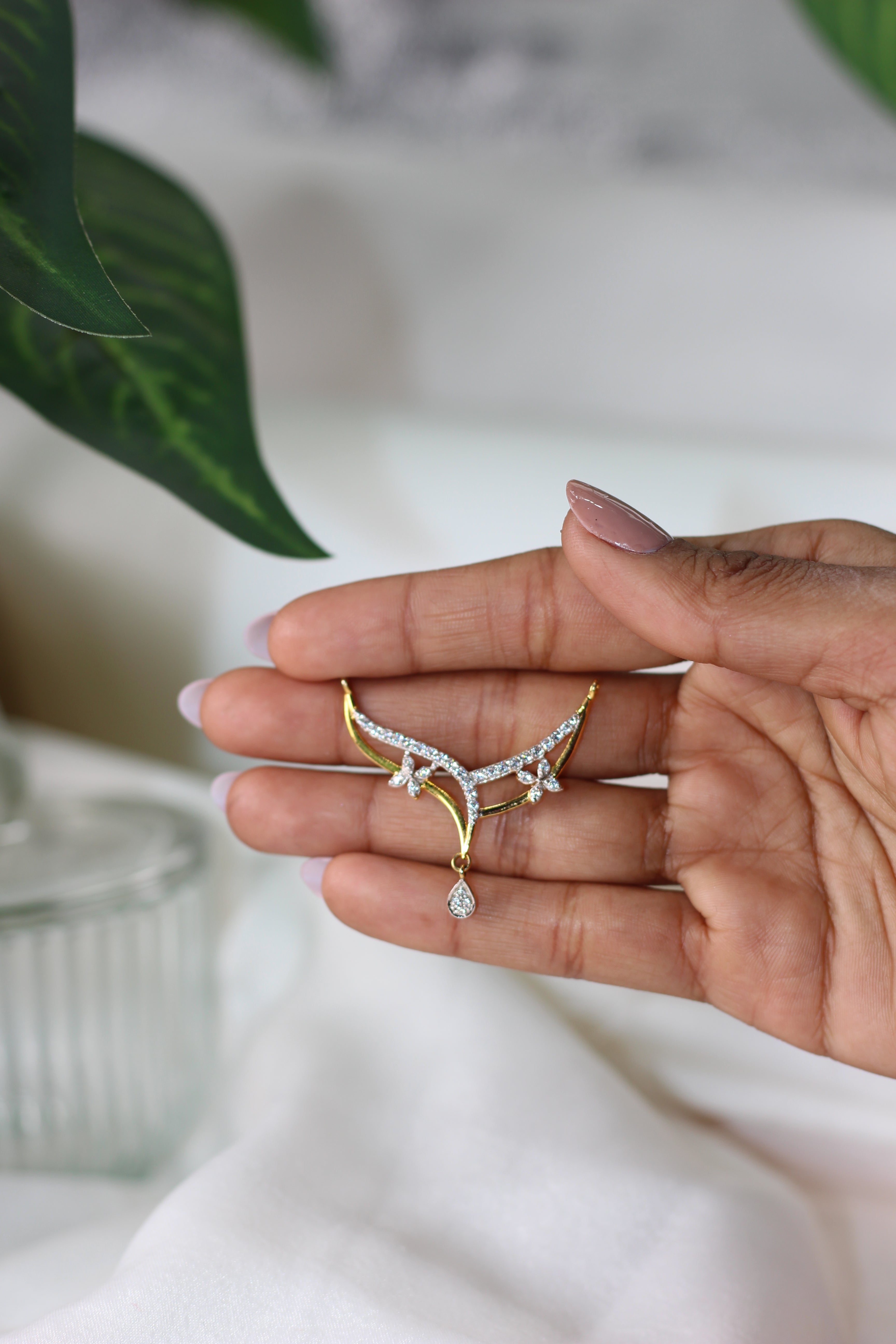 Diamond Floral Gold Mangalsutra Pendant with Drop Design