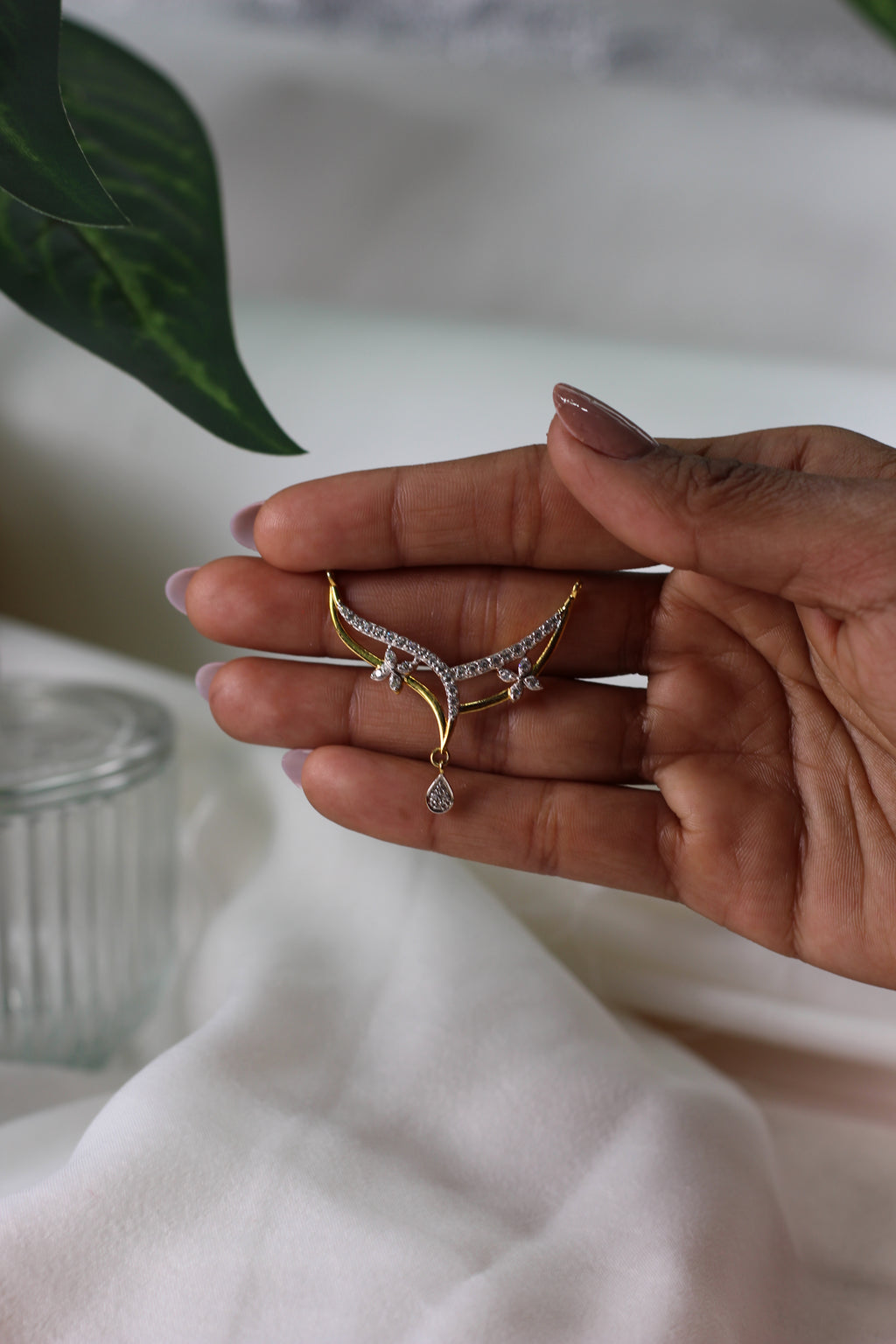 Diamond Floral Gold Mangalsutra Pendant with Drop Design