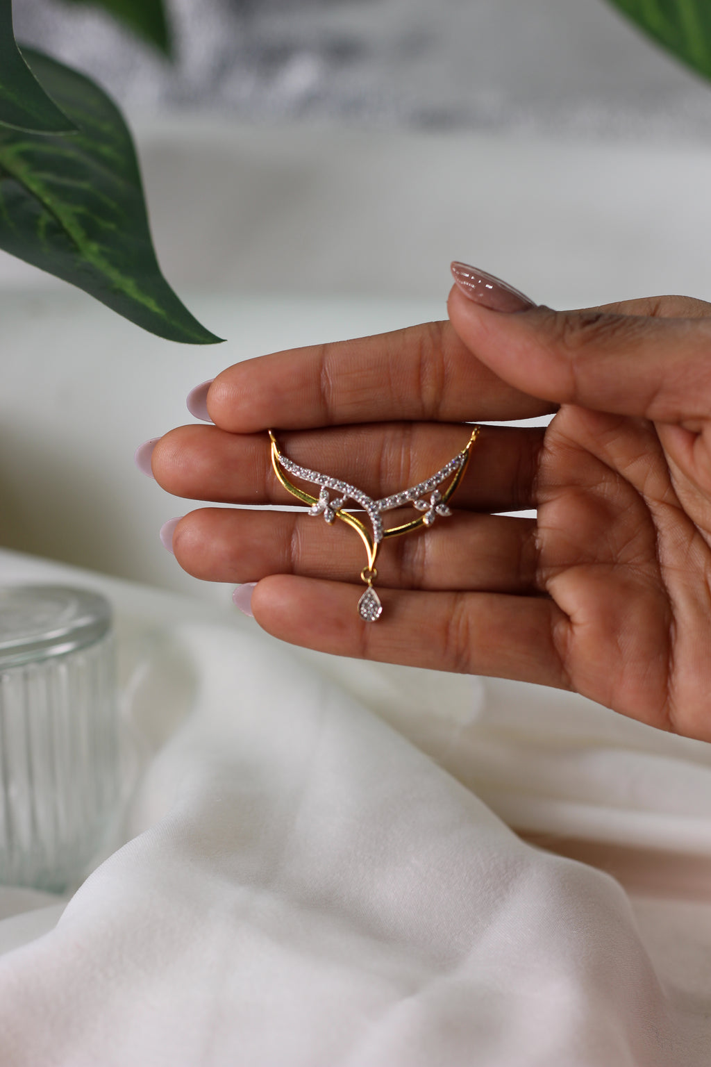 Diamond Floral Gold Mangalsutra Pendant with Drop Design