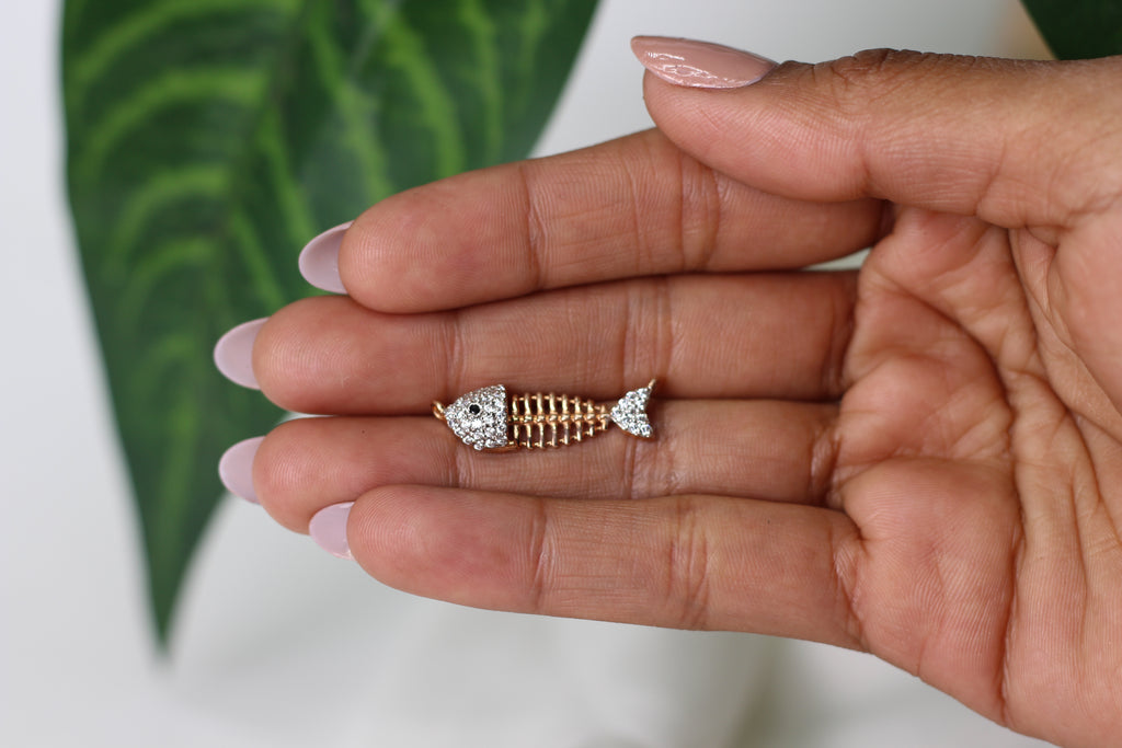 Fish Bone Shape Gold Pendant with Stone Studded Detailing