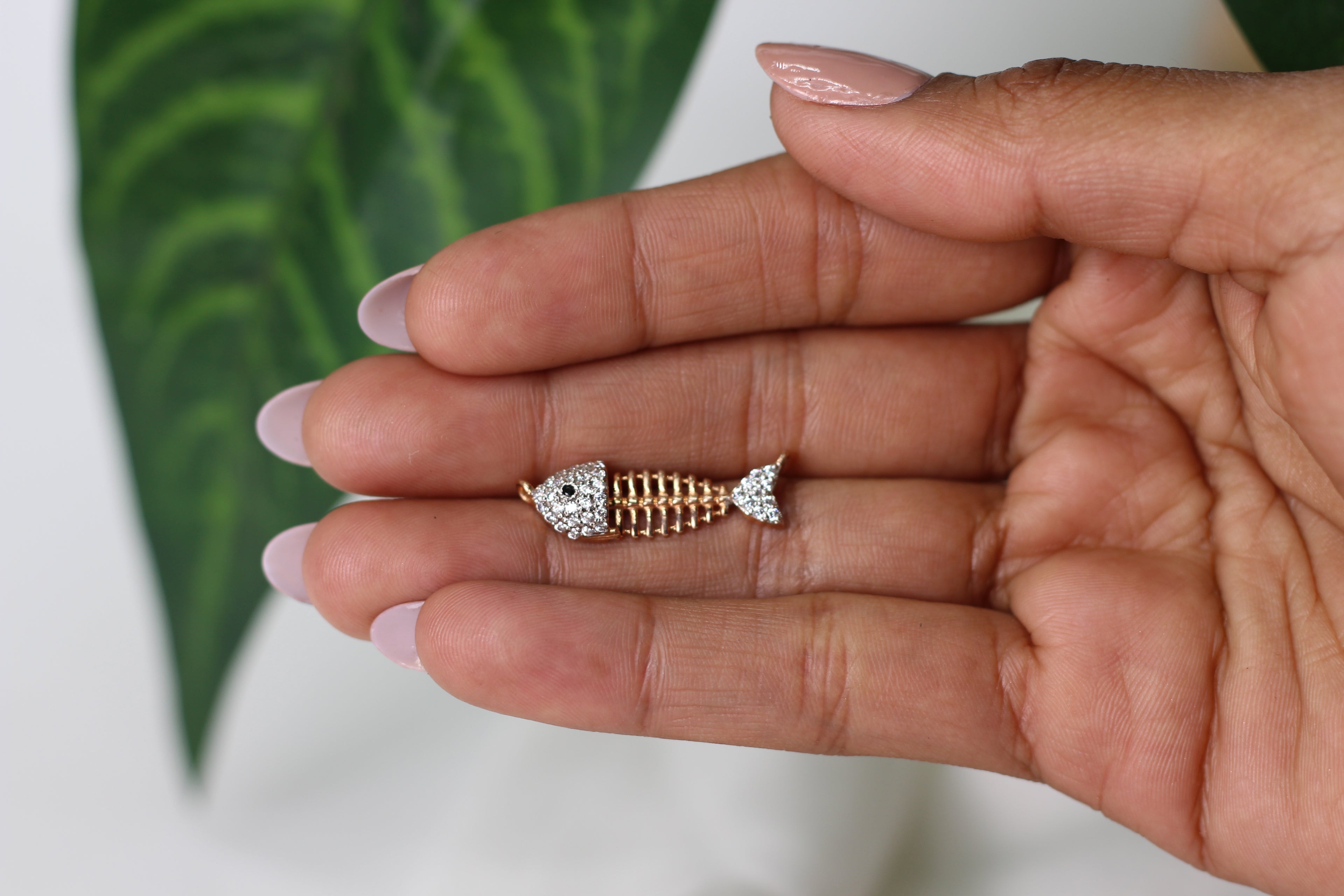 Fish Bone Shape Gold Pendant with Stone Studded Detailing