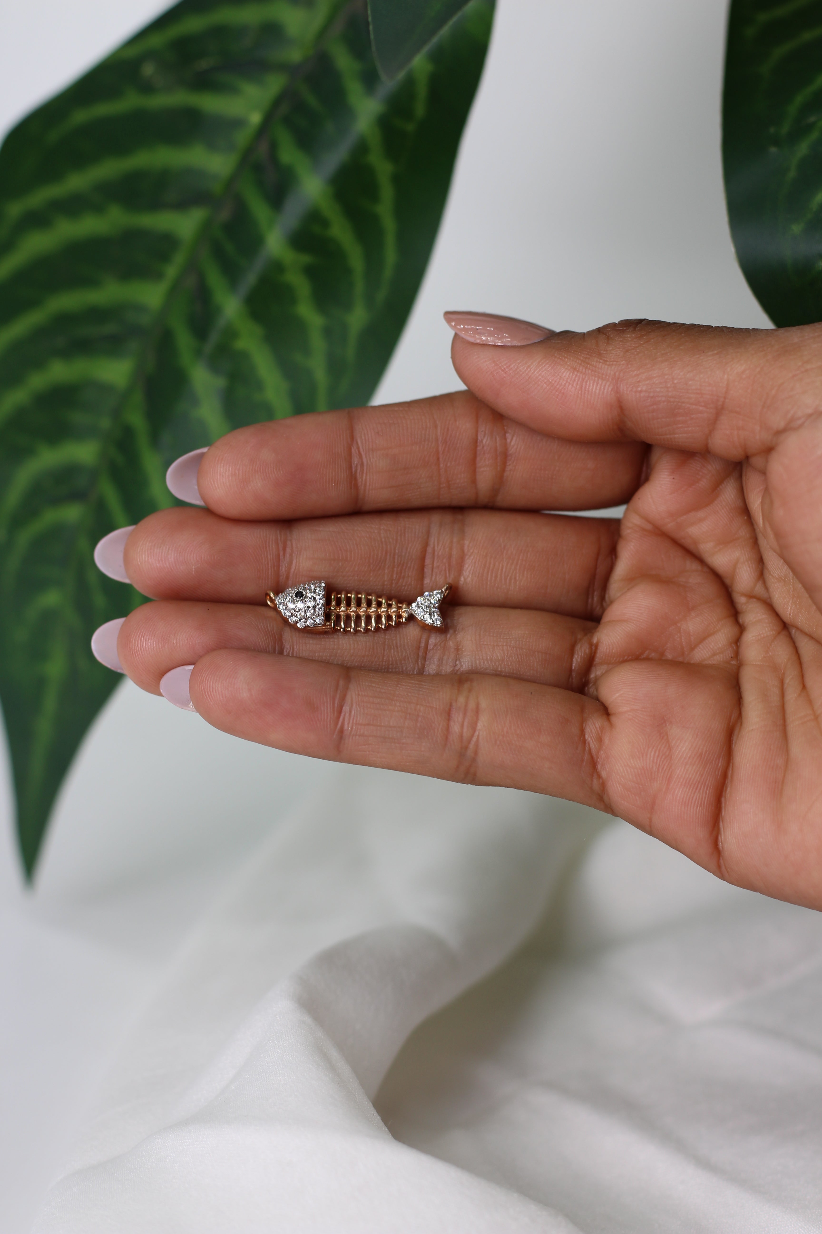 Fish Bone Shape Gold Pendant with Stone Studded Detailing