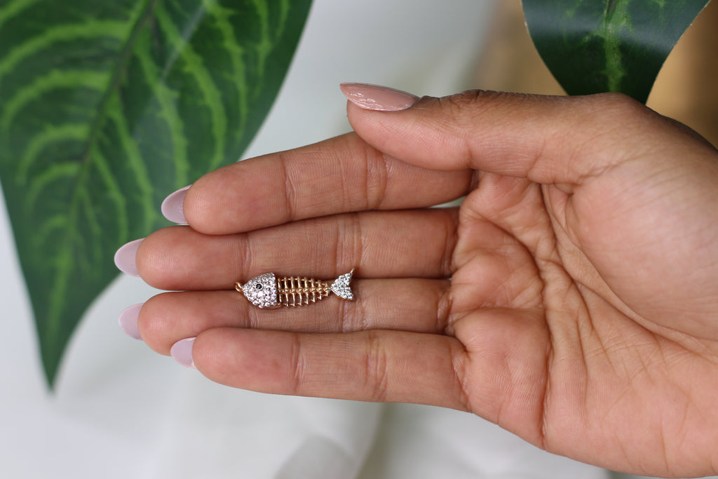 Fish Bone Shape Gold Pendant with Stone Studded Detailing