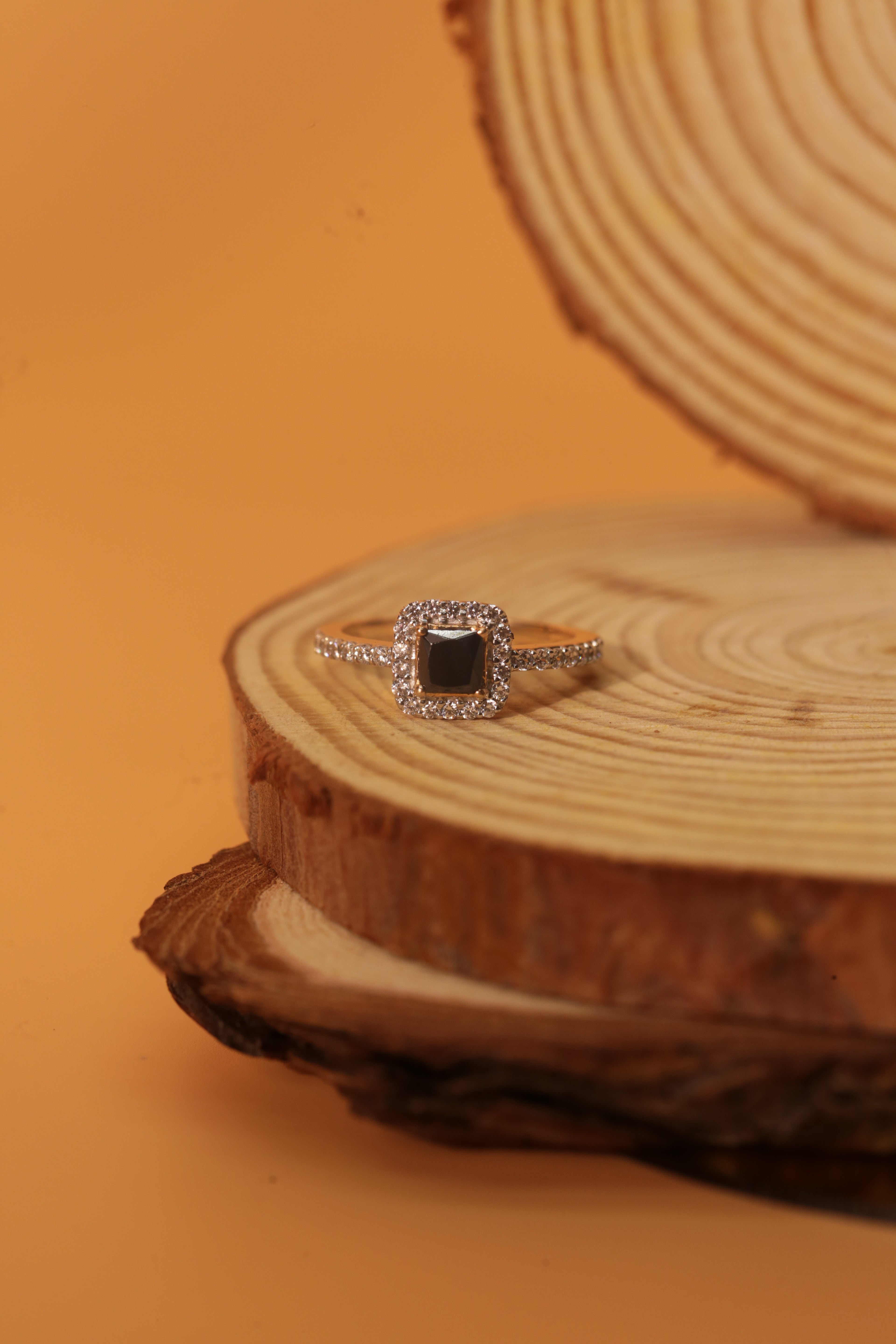 Black Stone Halo Diamond Slim Band Ring