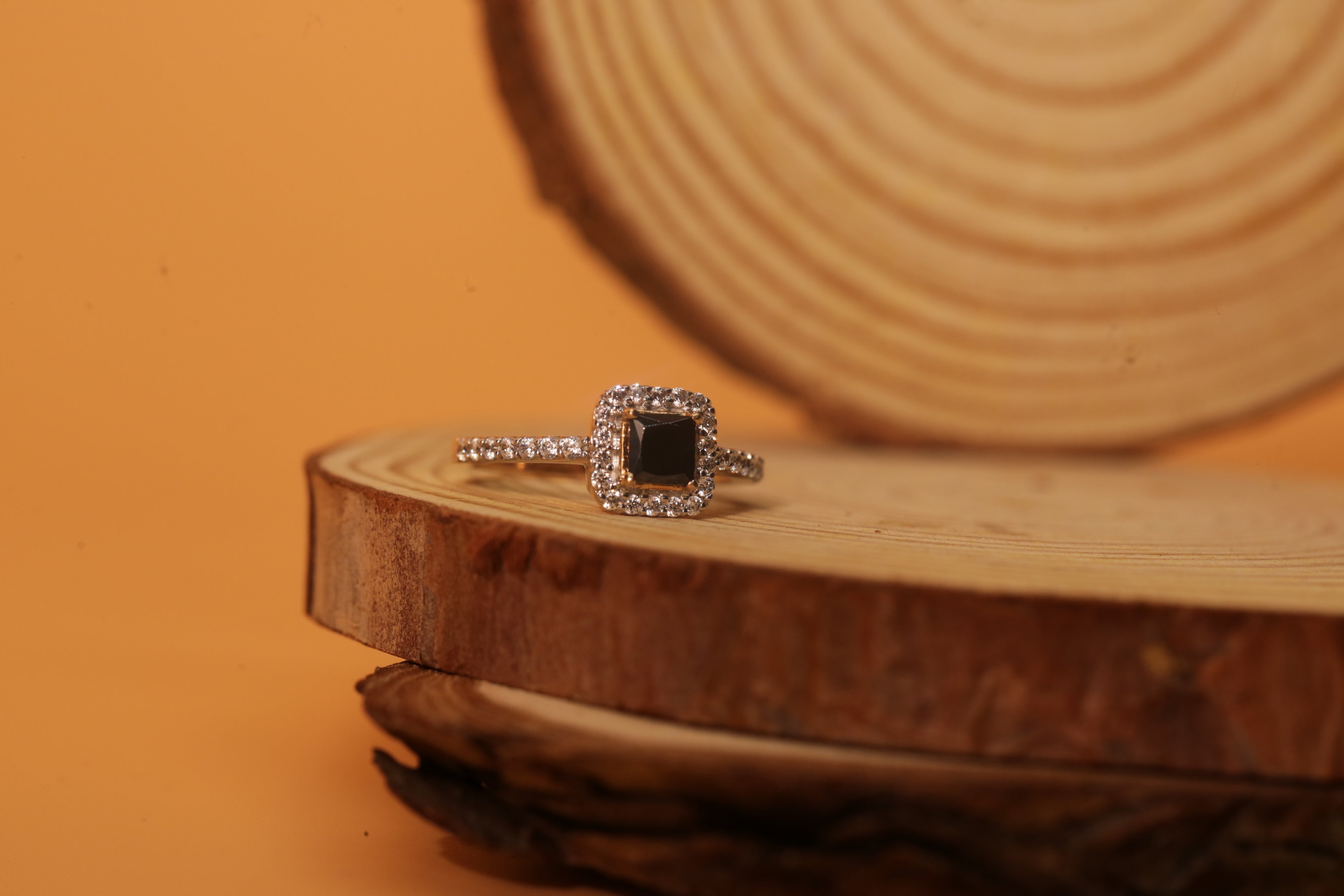 Black Stone Halo Diamond Slim Band Ring
